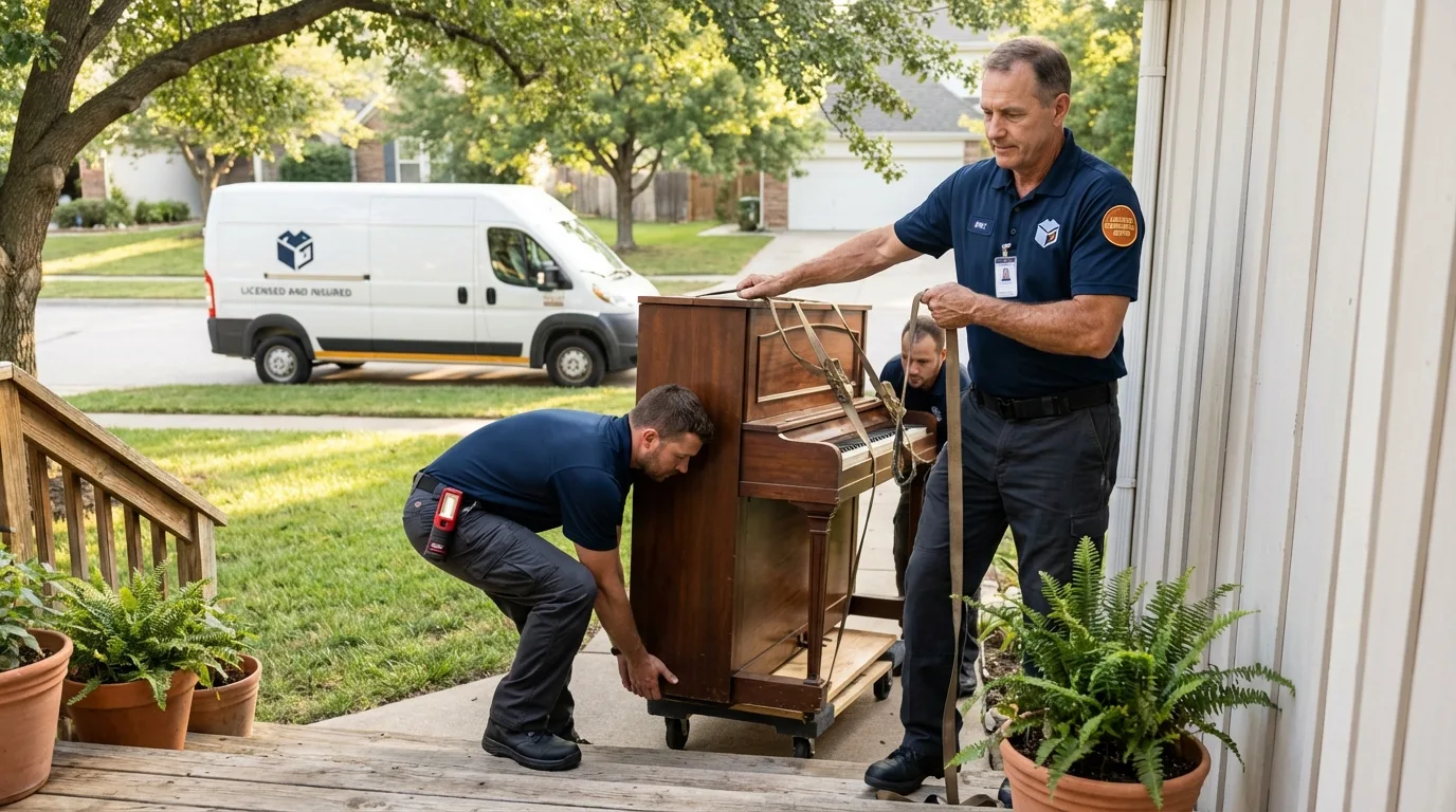 Licensed piano movers securing grand piano in Charleston, MS